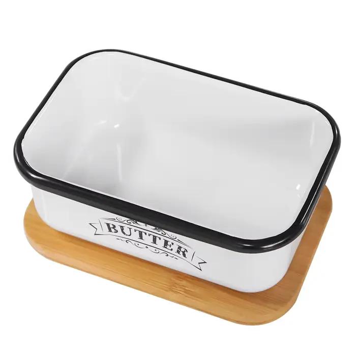 Beurrier avec Couvercle Style Campagne pour Plan de Travail, Boîte à Beurre en Métal avec Couvercle en Bambou Épais, Vintage