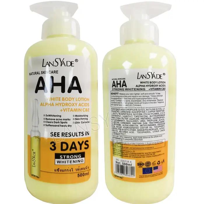 Lotion pour le corps blanchissante, acides hydroxy ALPHA + vitamine C & E, voir des résultats en 3 j