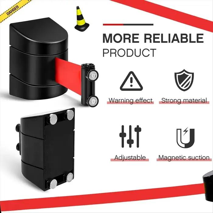 Barrière murale rétractable magnétique de 16 pieds pour événements et gestion de foules en métal, ABS, avec sangles flexibles et message d'avertissement pour sécurité et visibilité