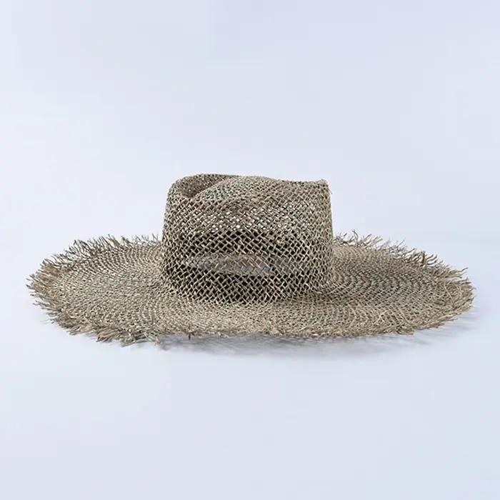 Chapeau de plage en jonc de mer tissé vert mer pour femmes, casquette de soleil à large bord, protection solaire, élégant pour femmes, plage, décontracté