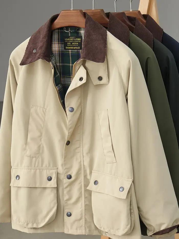 Veste en toile cirée pour homme, nouvelle collection, style rétro américain, col en velours côtelé kaki
