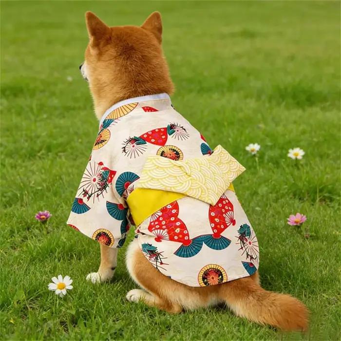 Kimono japonais pour animaux de compagnie avec imprimé éventail et nœud