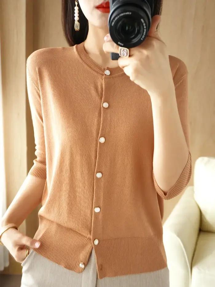 Pull Cool en rayonne à col rond pour femme, cardigan trois quarts décontracté, à la mode, avec des documents solides, occassions spéciales, printemps été