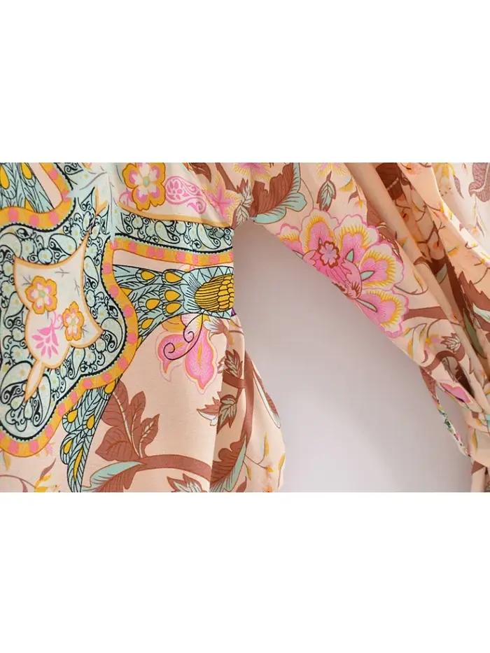 Kimono femme vintage imprimé paon floral manches chauve-souris couverture maillot boho plage