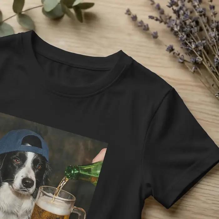 T-shirt homme motif Border Collie buvant de la bière design vintage humour coton drap fin manches courtes col rond impression numérique couleur multiple taille variée occasions quotidiennes