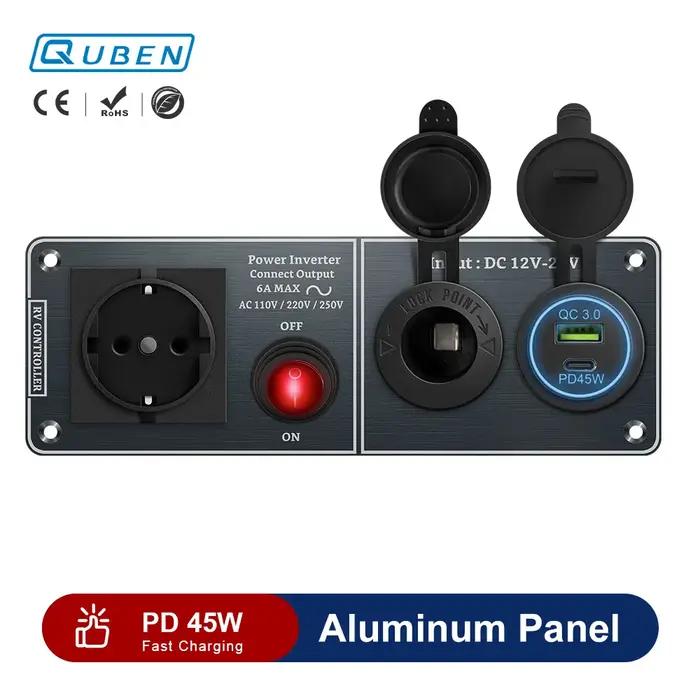 Chargeur de voiture multifonctions, panneau en aluminium, onduleur AC110V 220V, double Port USB QC3.