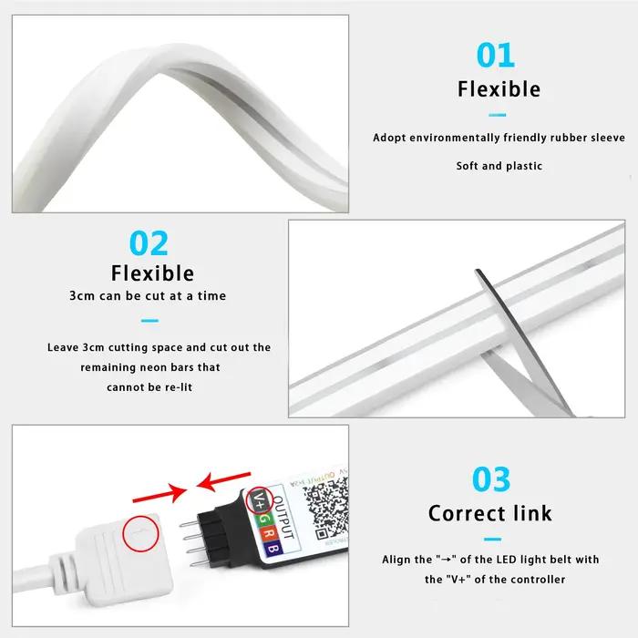 Bande LED néon RGB USB 5V, 1M 2M 3M 4M 5M, avec application Bluetooth et télécommande pour panneau,