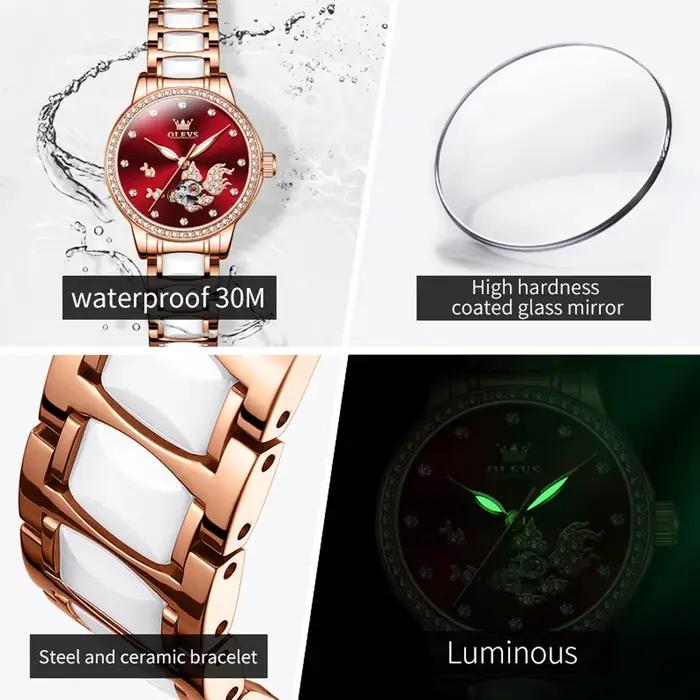Montre OLEVS 7001 automatique mécanique pour femme en acier inoxydable de luxe avec bracelet élégant