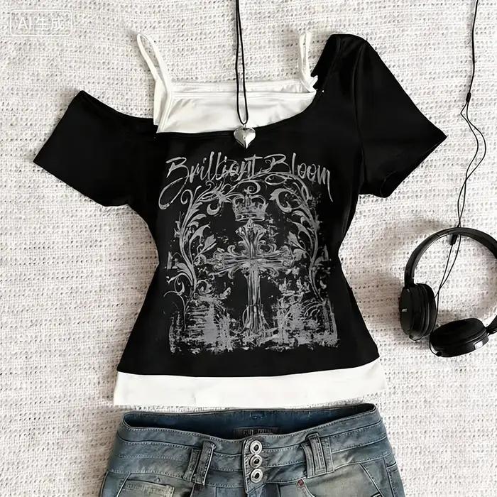 T-shirt femme noir Y2K, hauts imprimés, t-shirts graphiques anime, Harajuku, sexy, Kawaii, Emo, Grun