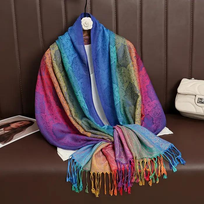 Couleurs arc-en-ciel hiver chaud épais Style ethnique Jacquard écharpe femmes voyage musulman Hijab cachemire gland châl