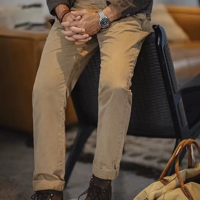 Pantalon vintage homme en twill coton lourd - Coupe droite classique automne - Workwear avec fermeture éclair