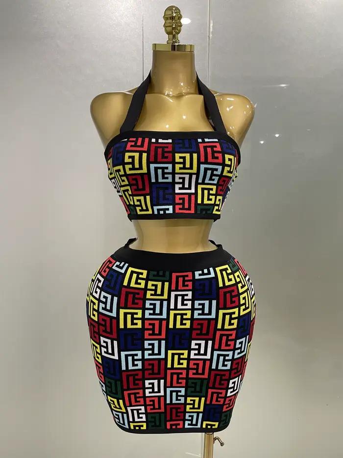 Femmes 2025 nouveau Sexy dos nu licou Jacquard deux pièces Mini jupe ensemble de bandes célébrité concepteur soirée ense