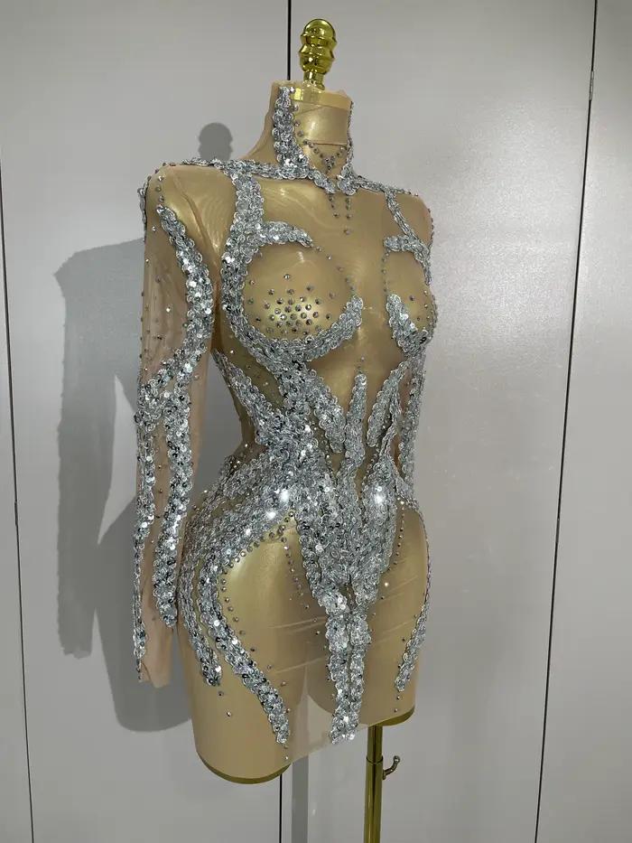 STOCK strass scintillants Sexy maille transparente Mini robe réveillon fête d'anniversaire danse dis