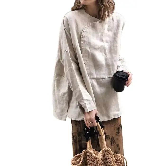 Chemise en lin style chinois motif crâne asymétrique pour femmes occassions décontractées printemps