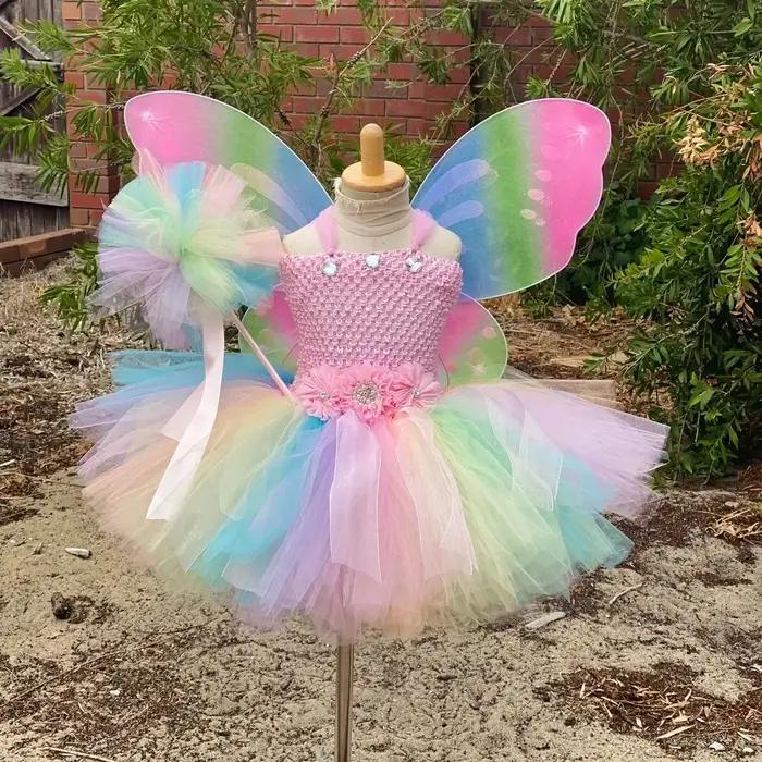 Robe de fée papillon pastel tutu à fleurs avec ailes et bâton nœud de cheveux occasion spéciale anniversaire enfants