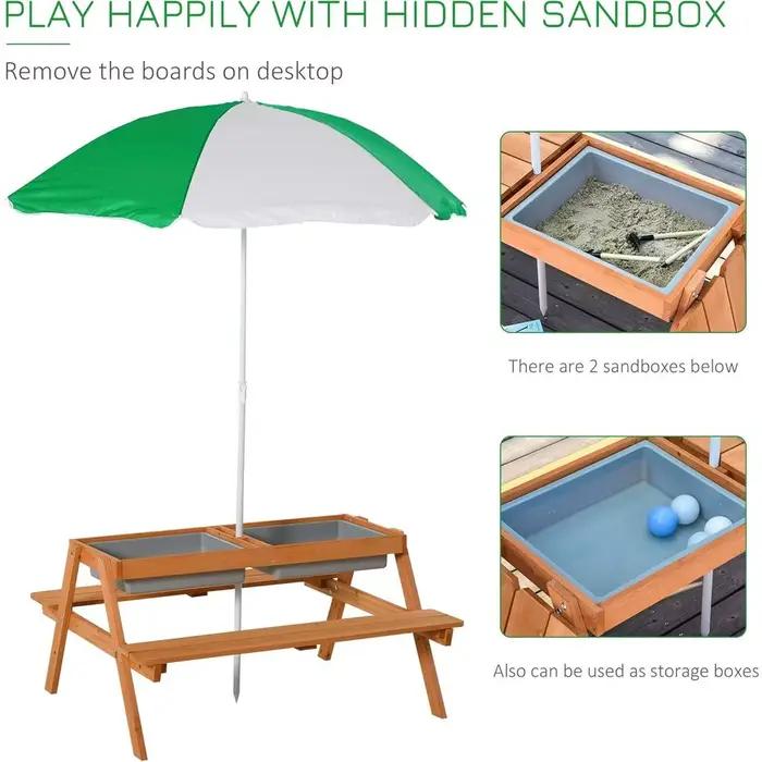 Table à sable et à eau 3-en-1 en bois avec parasol, rangement et banc pour s'amuser en plein air