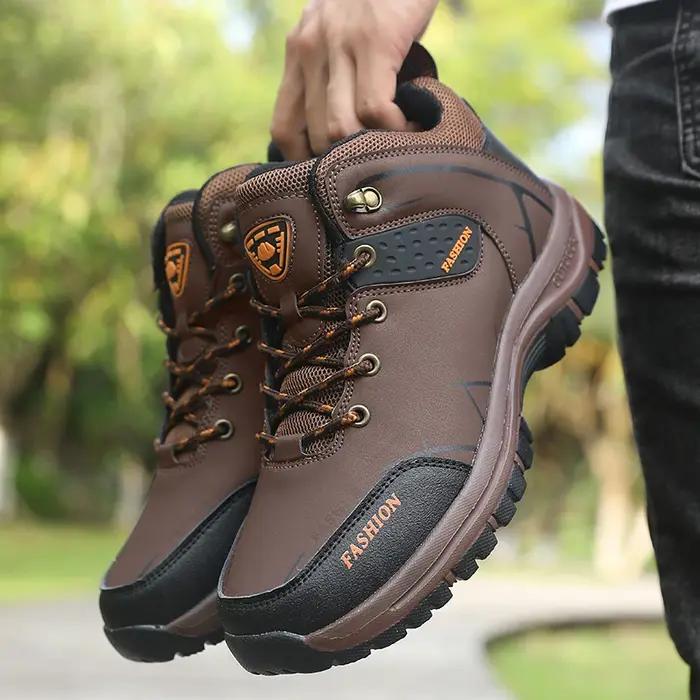 Vente chaude! Bottes d'extérieur en cuir marron pour hommes, chaussures de randonnée, Support de cheville, semelle épaisse, Camping, randonnée, aventure, Design 2025