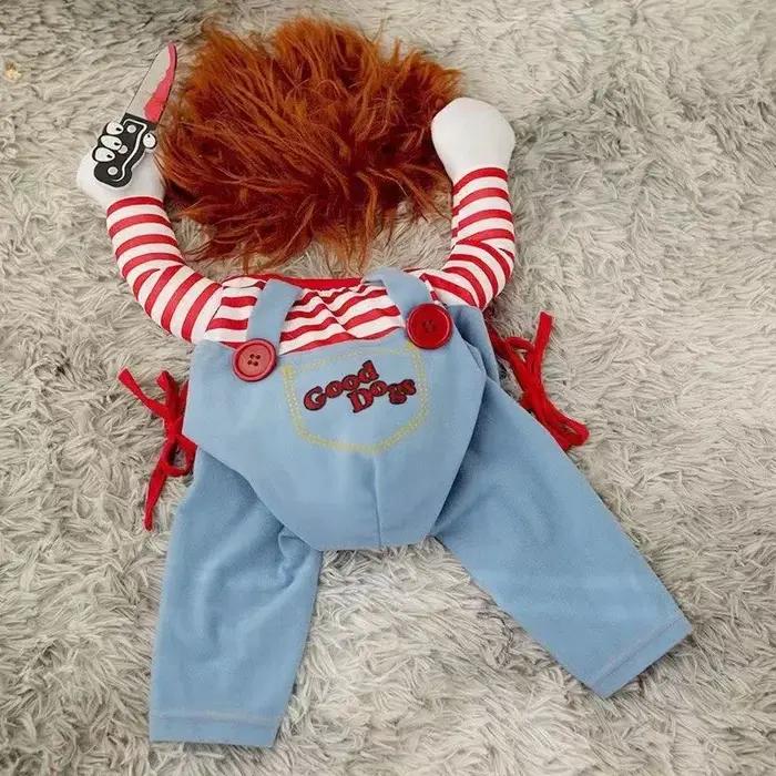 Costume de chien d'Halloween style poupée tueur chemise rayée salopette et accessoire couteau pour chien et chat occasions spéciales festives