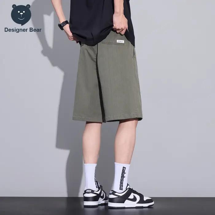 Shorts Cargo Décontractés en Jean Kaki Coupe Droite Hommes Styles Coréens Occasions Spéciales Été