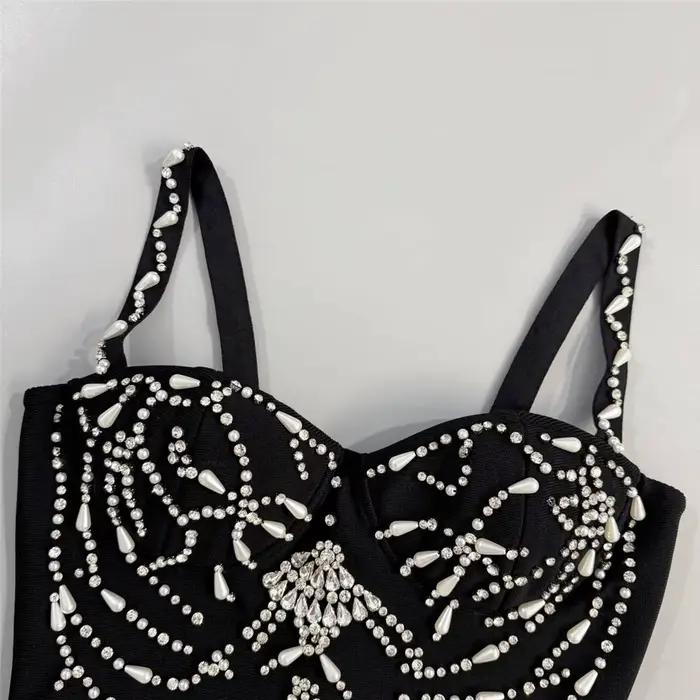 Femmes élégantes perles robe de pansement Spaghetti sangle moulante vêtements Club fête robes de soi