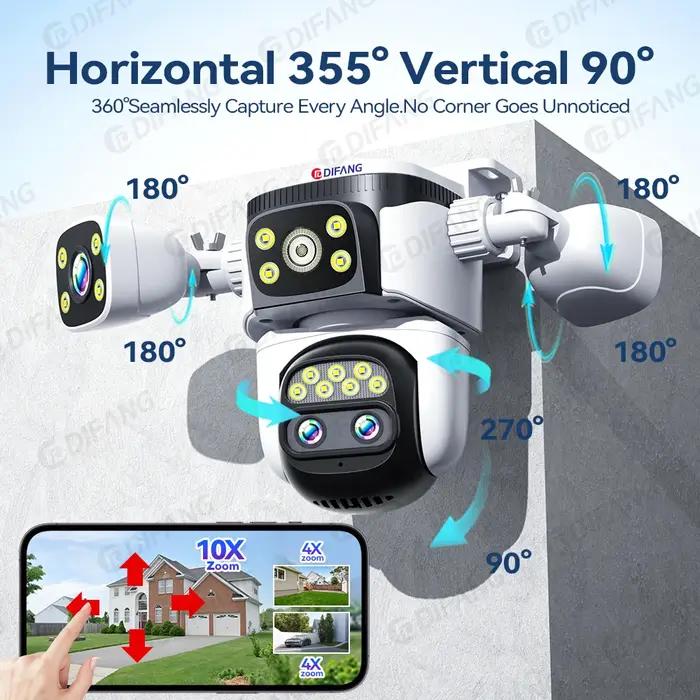 Caméra Sécurité Extérieure WiFi6 20MP Zoom Optique 10X 4 Lentilles 3 Écrans Tracking Auto 6K Double Objectif Étanche