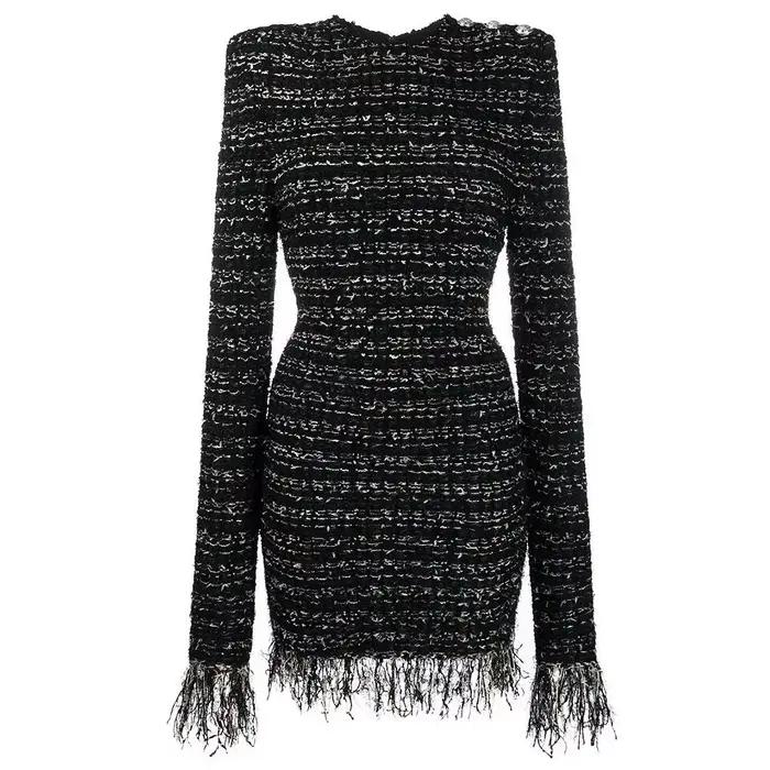 S-XL haute qualité mode nouvelle rayure élastique tweed tissu col rond manches longues frange dentel