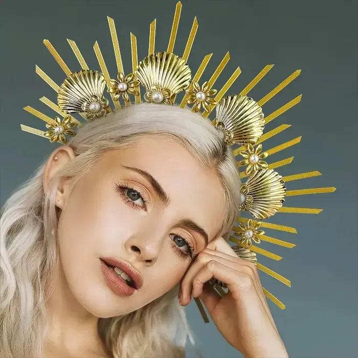 Halo de déesse dorée de luxe - Bandeau tournesol et coquillage pour femme Halloween Cosplay