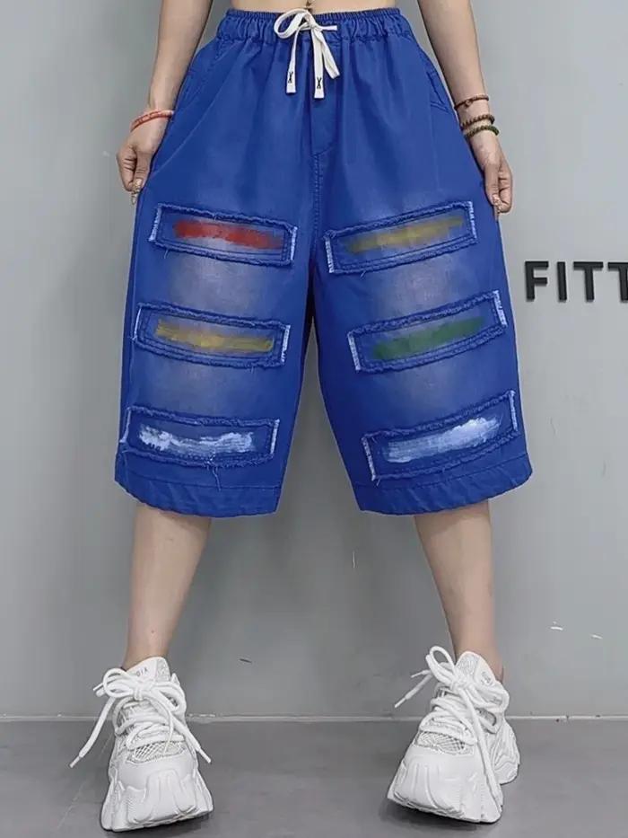 Été mode blanc Denim Shorts femmes ample Vintage jean dames décontracté Patchwork Pantalons taille élastique p