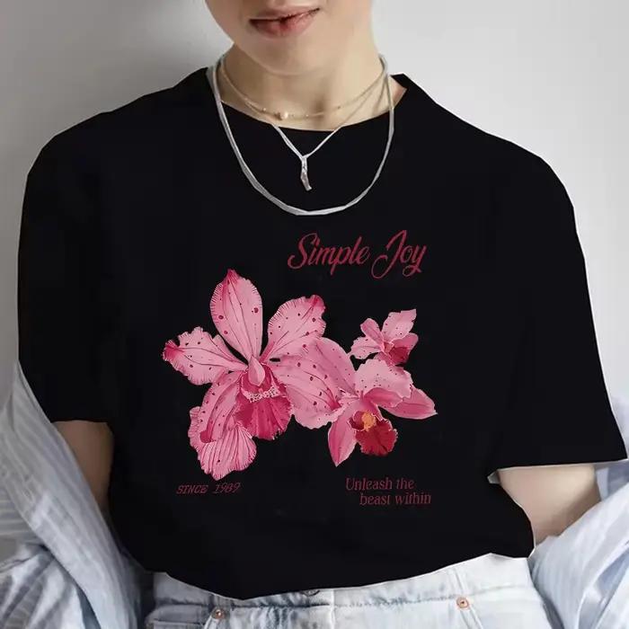 T-shirt vintage à imprimé floral pour femmes, t-shirt décontracté à manches courtes et col rond pour
