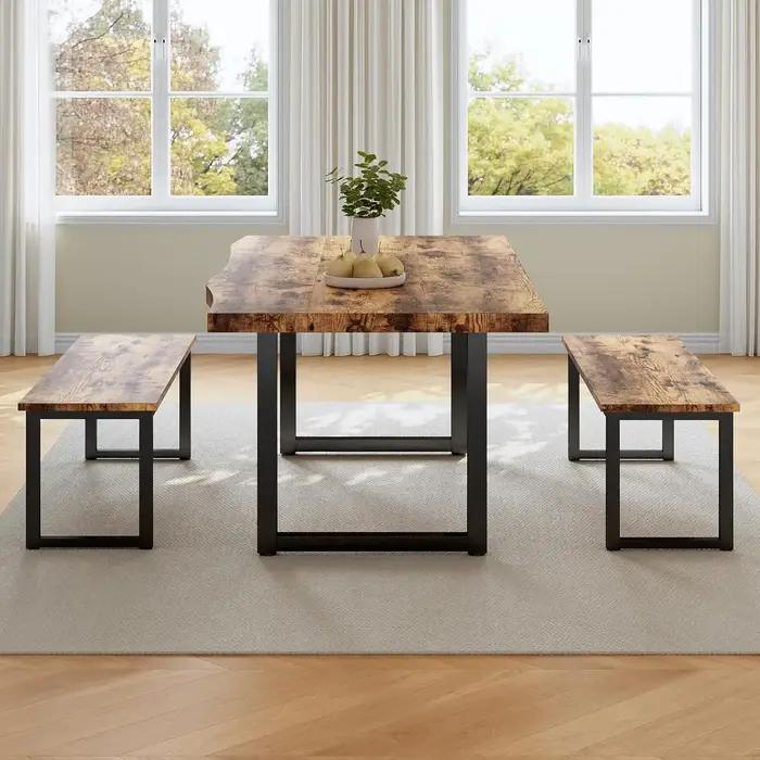 Table à manger en MDF épaissi de 63 pouces avec 2 bancs, ensemble de cuisine moderne pour 4 à 6 pers