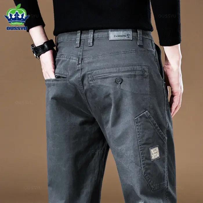 Pantalon Cargo Homme de Marque Haute Qualité 97% Coton Couleur Unie Vêtement de Travail Décontracté Large Style Coréen