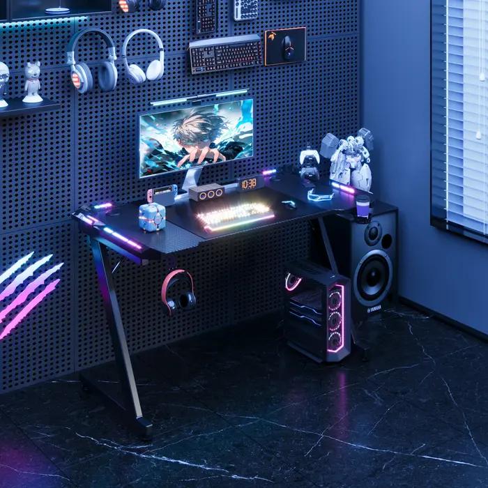 Bureau gamer LED 120x60 cm avec support Z - Table PC ergonomique porte-gobelet pour setup gaming et travail