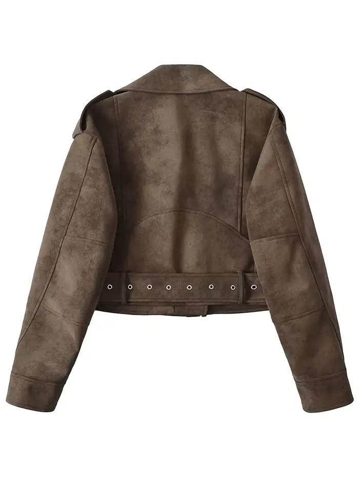 Ailegogo printemps automne femmes Vintage lâche faux cuir veste streetwear femmes Vintage moto ceint