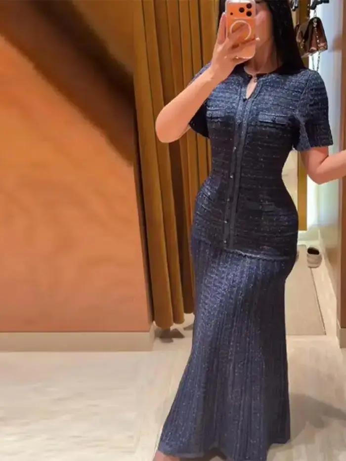 Robe longue slim en maille pour femme, à manches courtes, avec ourlet plissé, robe de soirée plissée