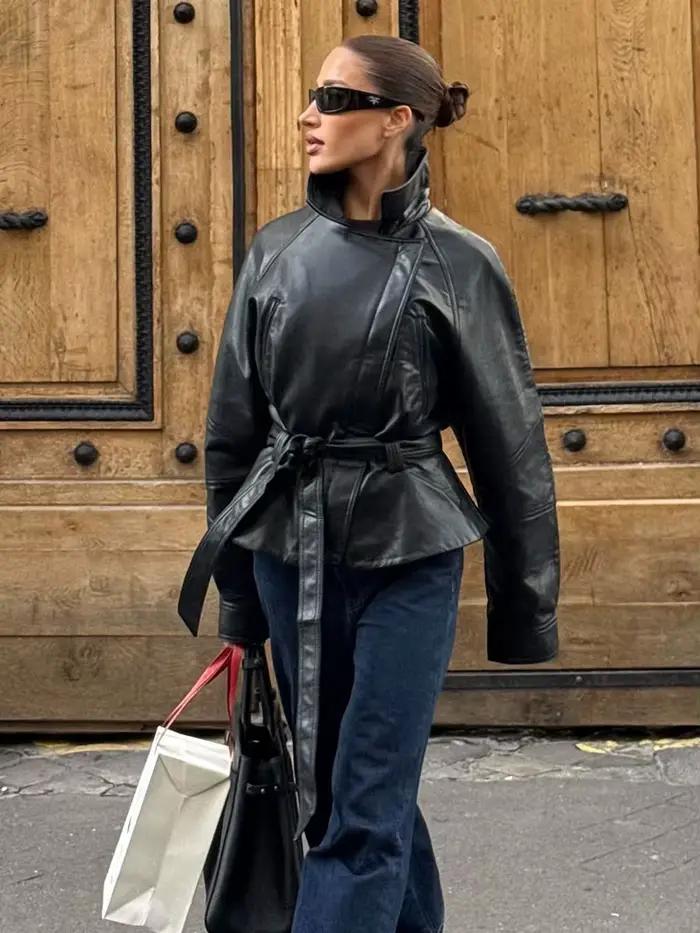HH femmes Vintage moto veste avec ceinture Faux cuir Trench manteau à manches longues revers veste à