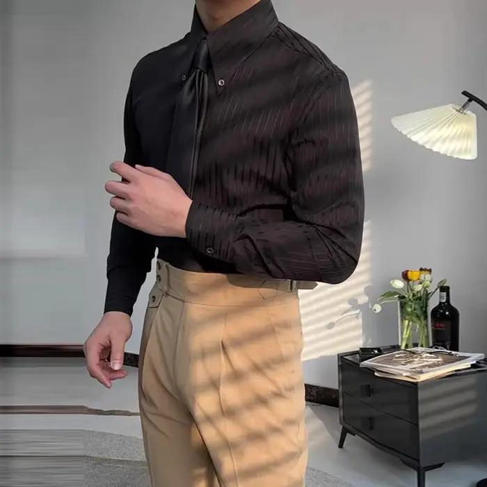 Nouveau Italie hommes d'affaires chemises léger luxe texturé pointe revers rayé à manches longues Cardigan loisirs haute qualité Blouse M-2XL