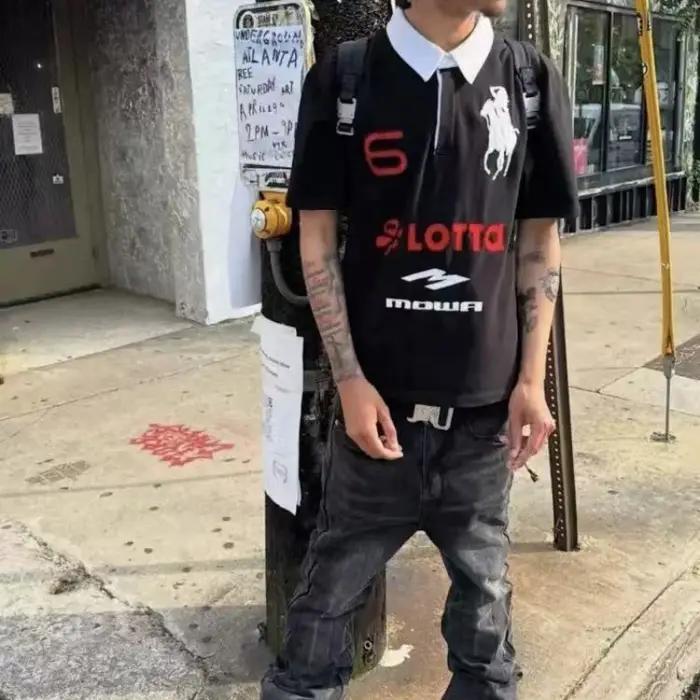 2025 D'été Hommes de Haute Rue Mode Broderie Bouton Revers À Manches Courtes T-Shirt Américain Vintage Harajuku Tops Y2k Vêtements