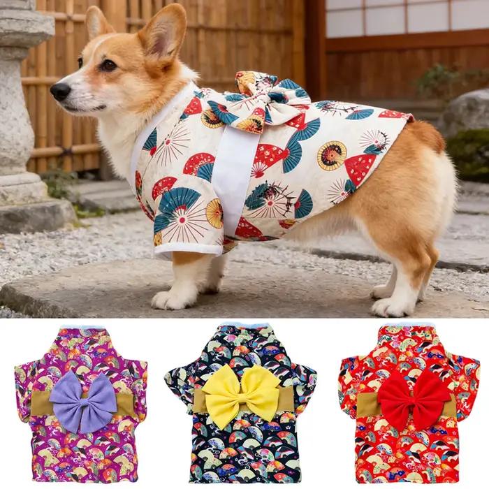 Kimono japonais pour animaux de compagnie avec imprimé éventail et nœud