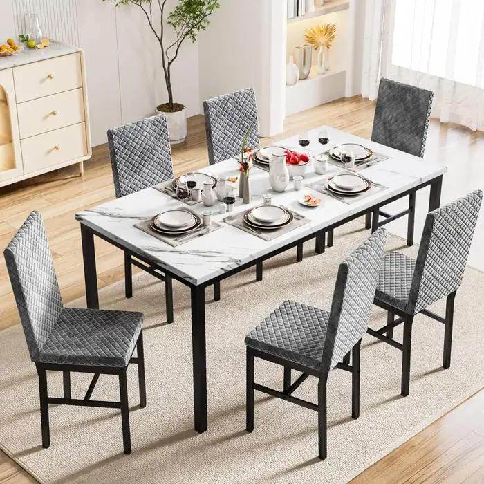 Ensemble de table à manger 7 pièces pour 6 personnes avec chaises en mousse de velours, ensemble de