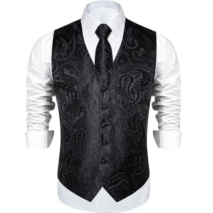 Gilet de costume Paisley noir solide pour hommes, avec cravate, nœud papillon, mouchoir, boutons de