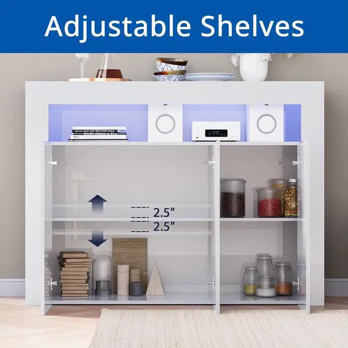 Armoire de rangement moderne blanche avec lumières LED, buffet à haute brillance, étagère réglable,