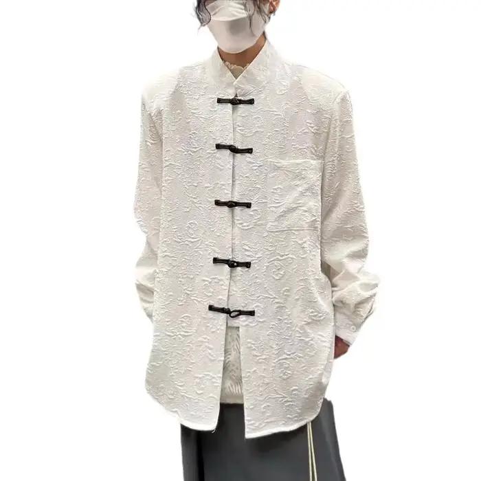 Chemise boutonnée à col montant Style chinois en polyester pour hommes avec broderie pour occasions décontractées printemps