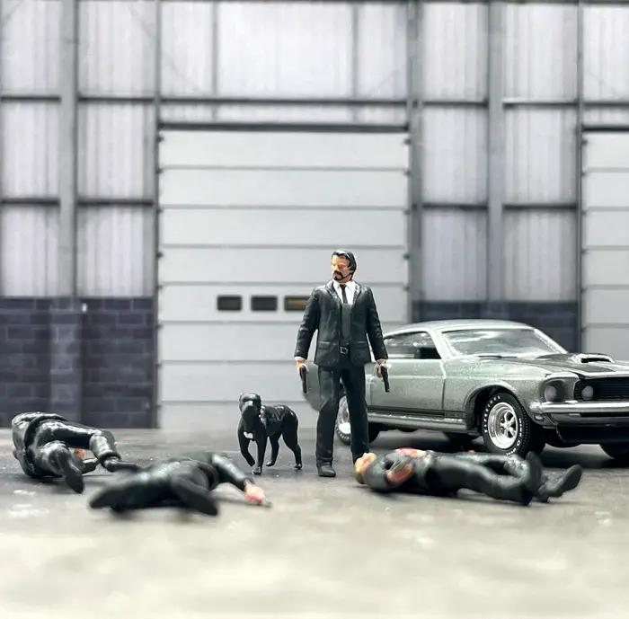 Figurines en résine 1/64 John Wick et Dog pour collection et modélisme, accessoires de photographie créative, cadeaux d'occasion spéciale ```