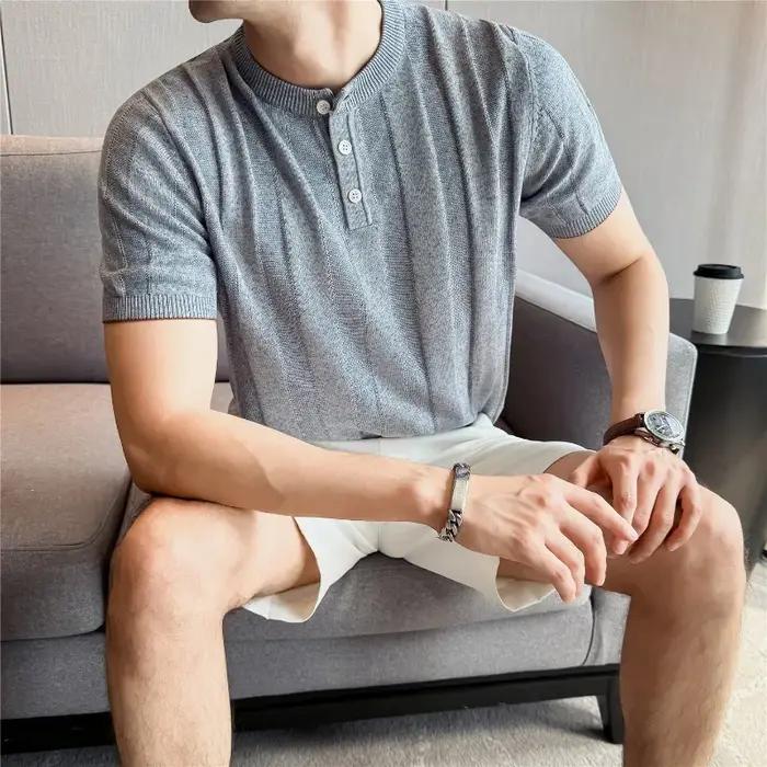 T-shirt d'été en mélange de lin à col Henley pour homme