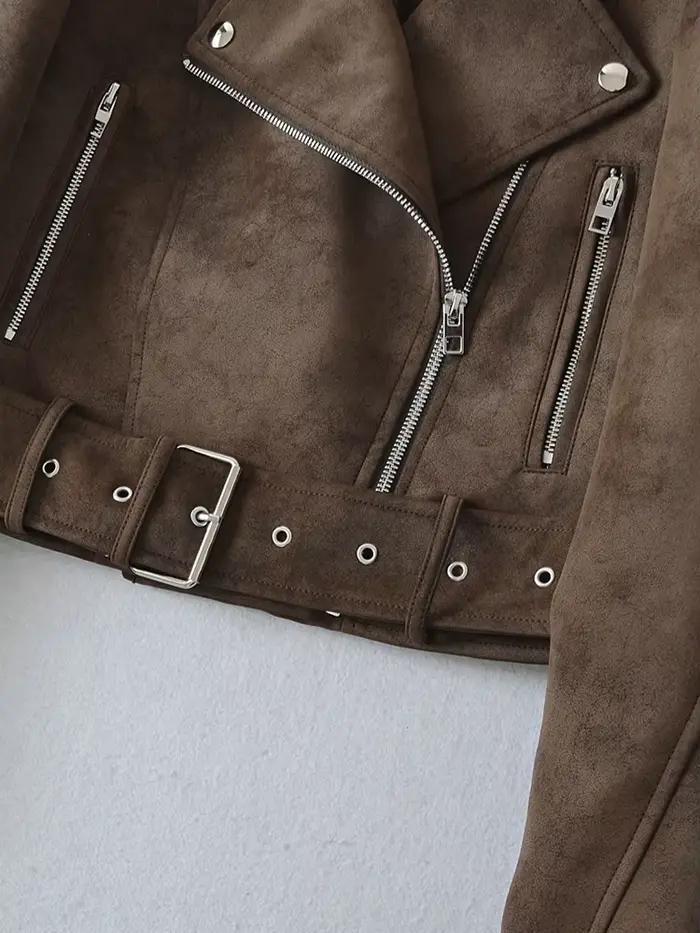 Ailegogo printemps automne femmes Vintage lâche faux cuir veste streetwear femmes Vintage moto ceint