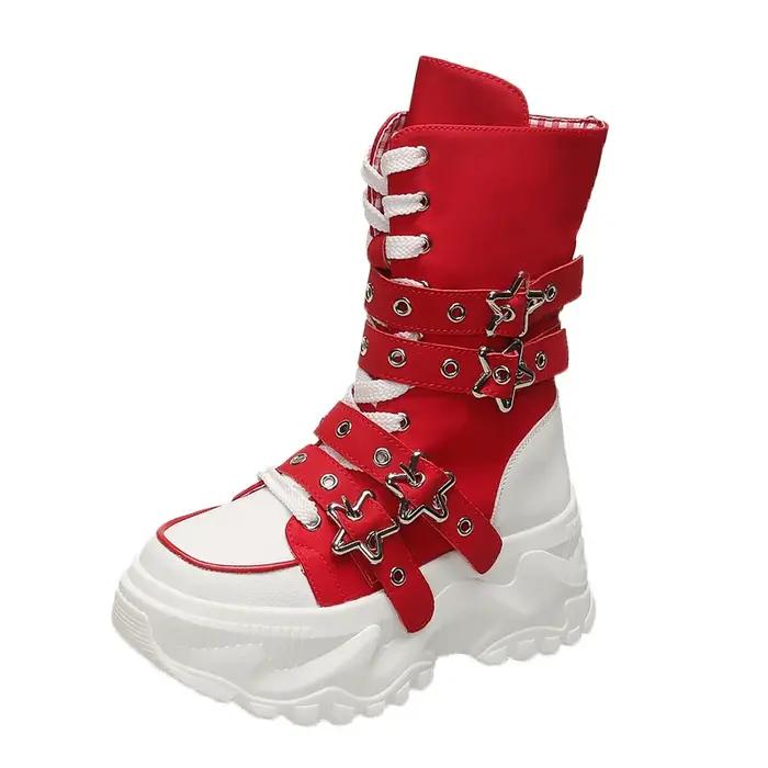 Bottes à plateforme pour femmes, nouvelles bottes locomotive à boucle de ceinture à tête ronde, bottes européennes et américaines à semelles épaisses pour femmes, Botas Mujer