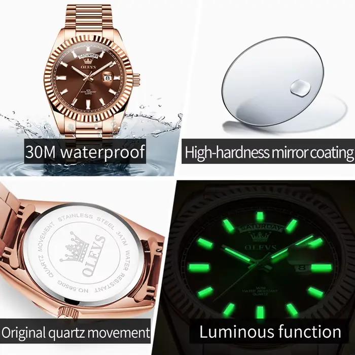 Montre homme luxe OLEVS or rose acier inox étanche avec affichage jour date pour chasseurs