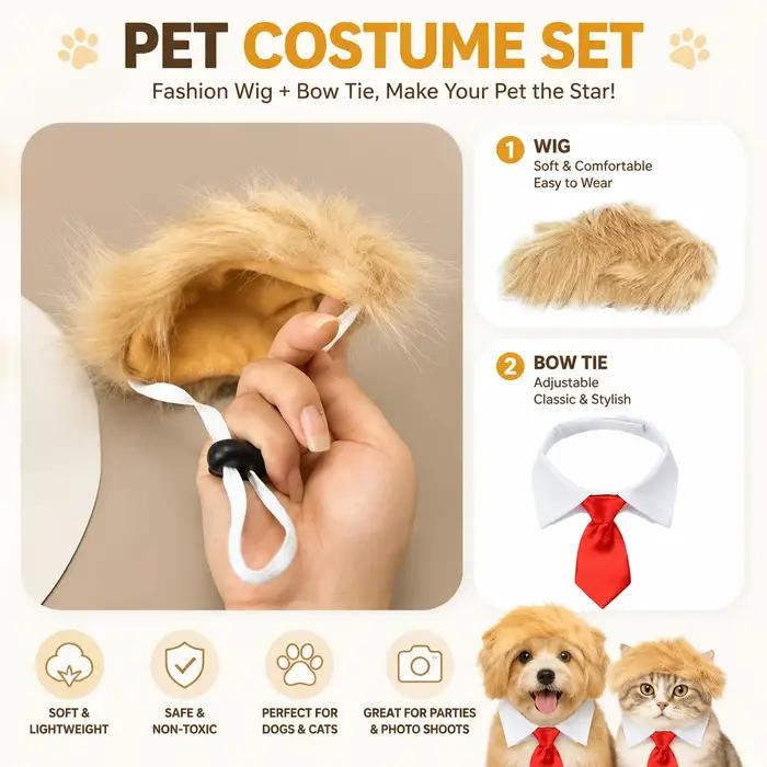 Ensemble de costume drôle pour chien avec perruque et nœud papillon