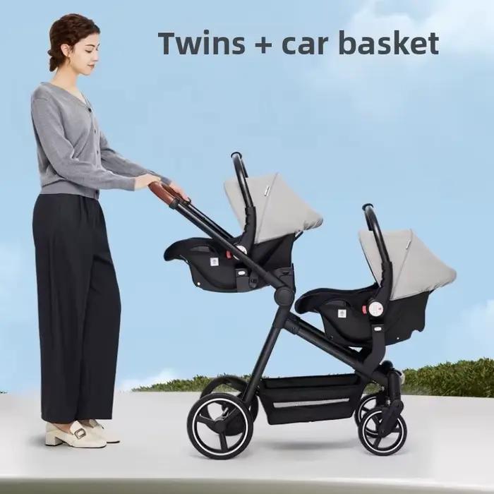 Poussette double neuve avec 2 sièges auto, poussette double multifonctionnelle légère et portable 3