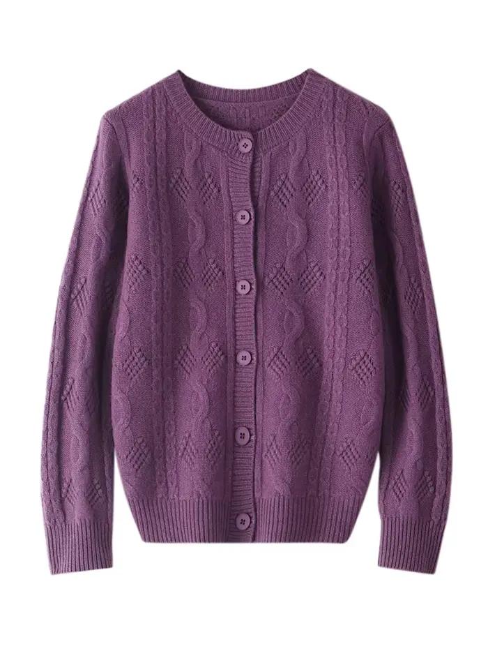 ADE-WhatsApp-Pull en cachemire de style vintage creux pour femmes, cardigan à col rond, tricots 100%